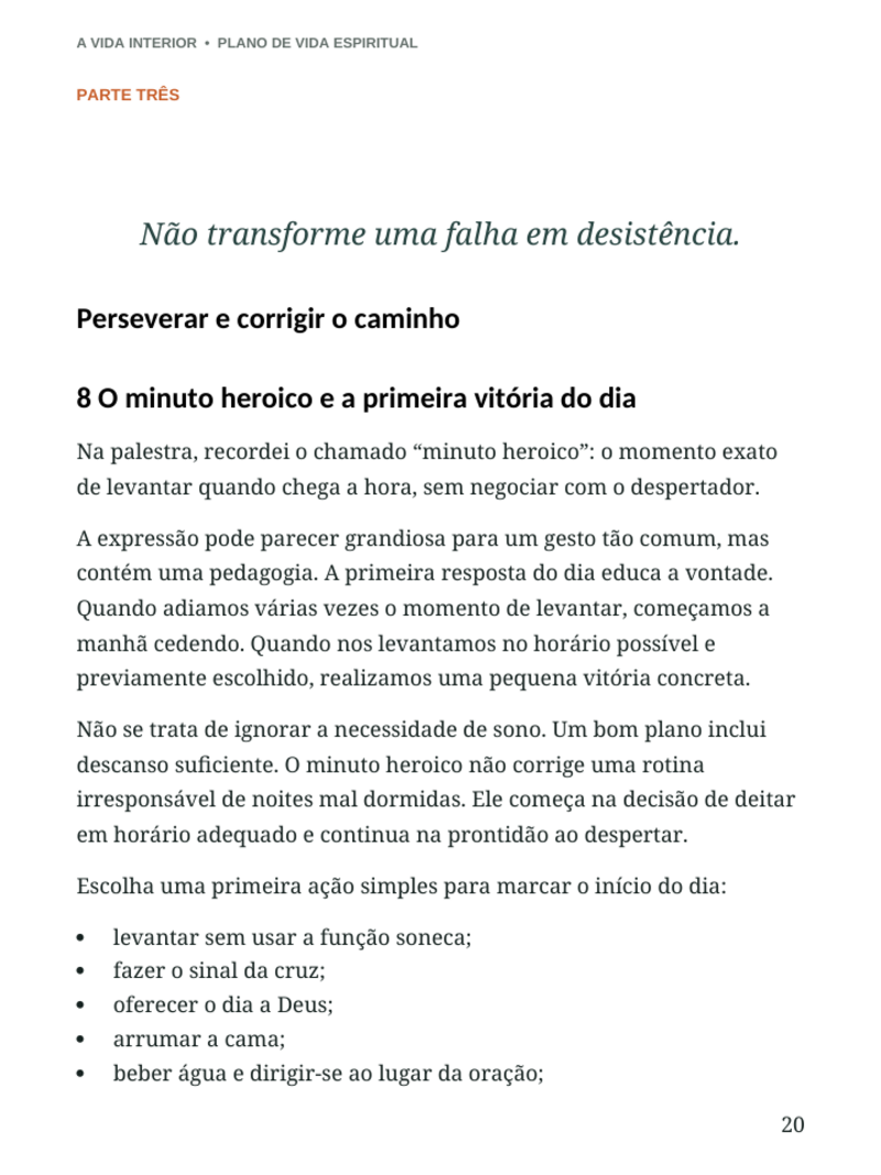 Página interna com orientações do Plano de Vida